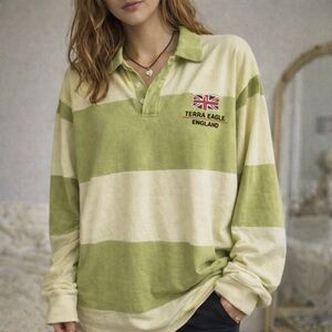 Terra Eagle England Green Striped Long Sleeve Rugby Shirt Size L
